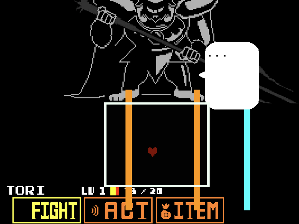 Orange beams and a blue beam crossing Asgore's battle box.