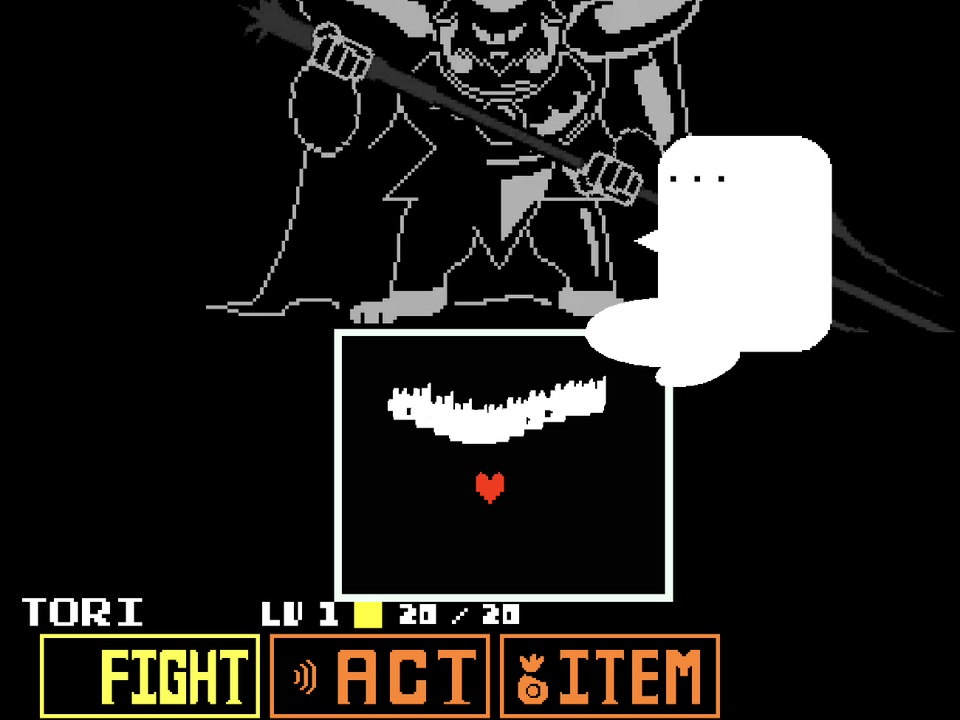 A curved group of white fireballs approaching the red heart inside Asgore's box.