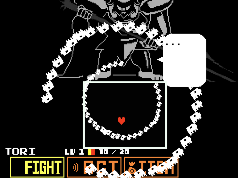 Shrinking rings of white fire surround the red heart in Asgore practice.