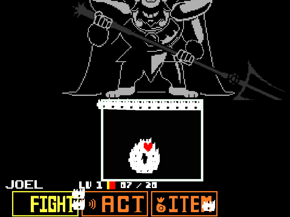 Asgore greyed out behind the battle box while a ring of white fireballs closes on the red heart, with FIGHT, ACT, and ITEM below and no MERCY button.