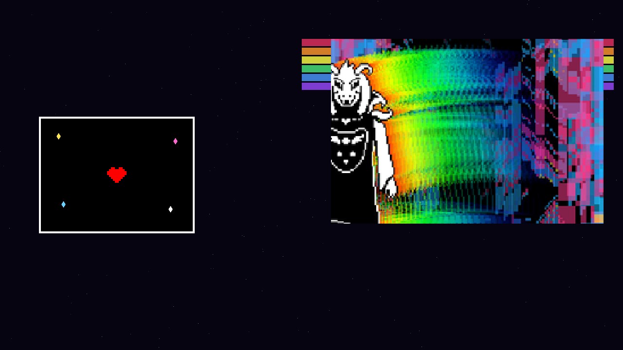 Pixel art of Asriel Dreemurr in a dark robe beside a battle box with a red heart and star sparks.