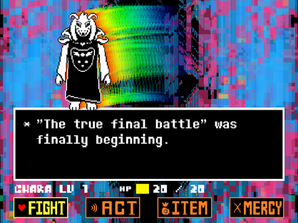 Asriel in the God of Hyperdeath form in tripoid's Asriel Dreemurr fight, with the line that the true final battle was finally beginning.