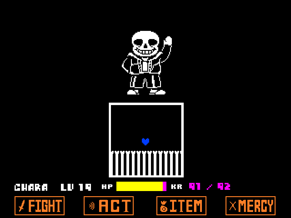 The heart turns blue and is slammed to the floor of the box as a row of bones rises under it, with Sans waving above.