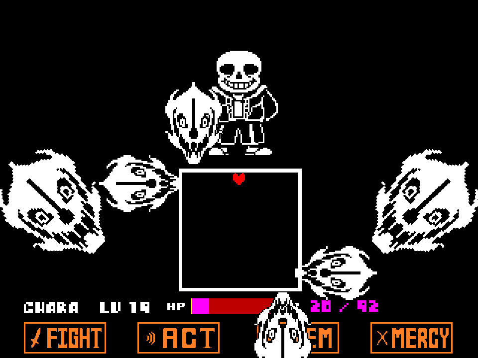 A ring of Gaster Blasters circling the battle box around a red heart, KR shown in purple next to the HP bar.
