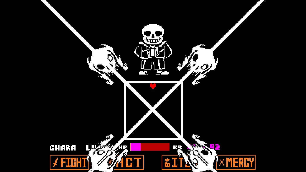 Bad Time Simulator screenshot: Gaster Blasters cross their beams over the battle box while Sans watches.