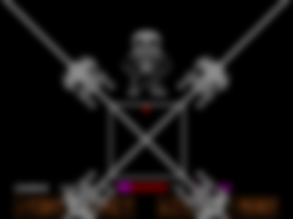 Four Gaster Blasters firing an X of white beams through the battle box in Bad Time Simulator, with Sans standing above it.