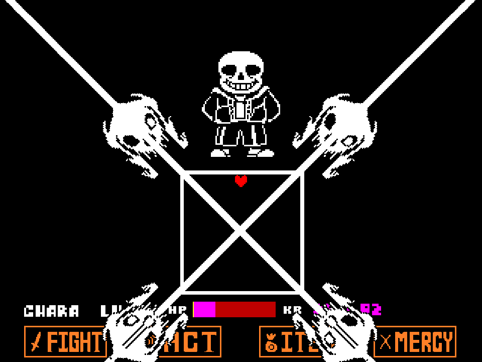 Four Gaster Blasters firing an X of white beams through the battle box in Bad Time Simulator, with Sans standing above it.