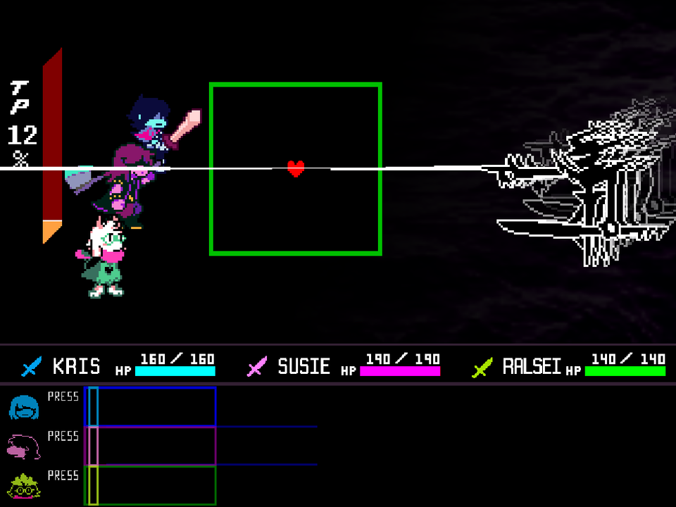 A white sword beam crossing the green battle box toward the heart, with the Knight on the right and the party on the left.