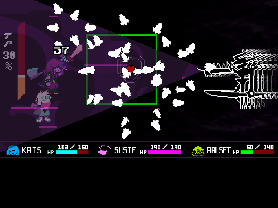 A burst of white shards around the heart inside the green battle box, with the Knight still on the right.