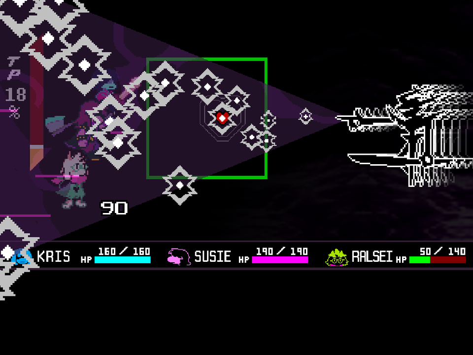 Diamond-shaped bullets closing on the heart inside the green battle box during the Black Knife fight.