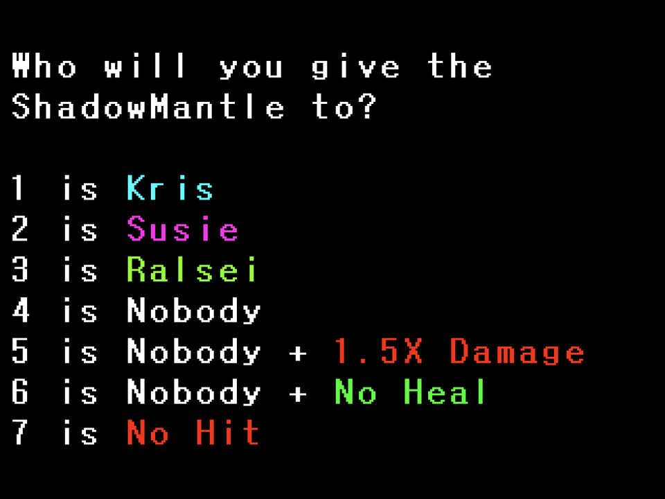Black Knife's real opening screen lists seven numbered Shadow Mantle and challenge choices.