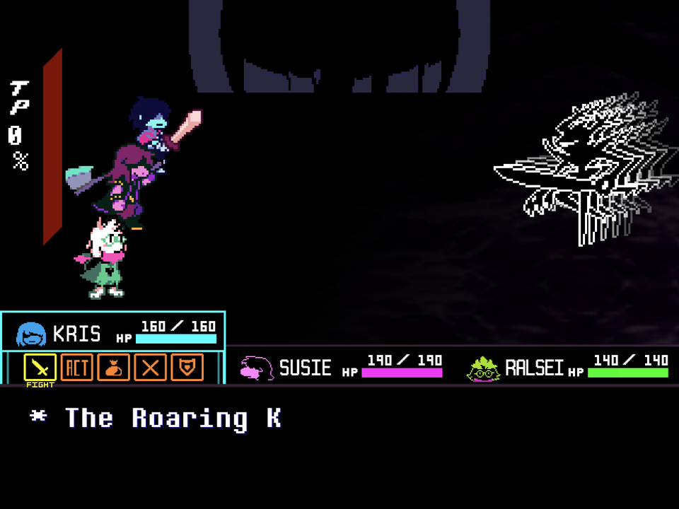 Kris, Susie and Ralsei at the Black Knife party command screen.