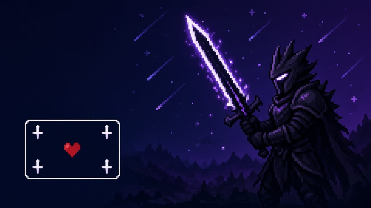 Pixel art of an armored knight raising a glowing black sword beside a battle box and a red heart.