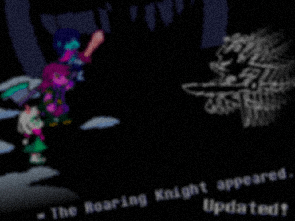 The opening of Bad_Time_Trio1's Roaring Knight fight, with Kris, Susie, and Ralsei facing the Knight.