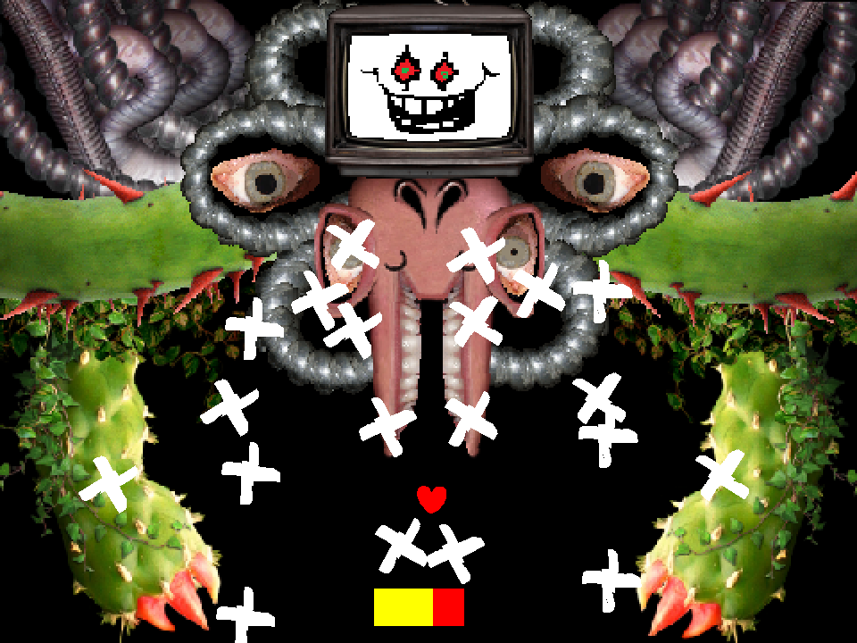 White X-shaped bullets falling through pp920921's Omega Flowey fight, with the heart above the HP bar.