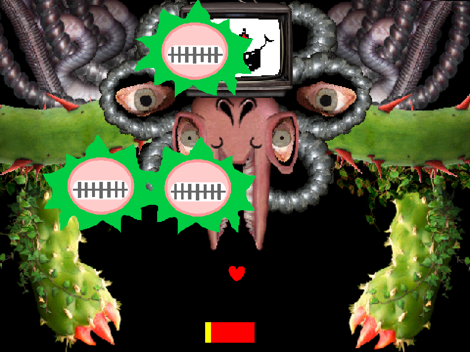 Green flytrap bullets crossing the Omega Flowey fight above the heart.