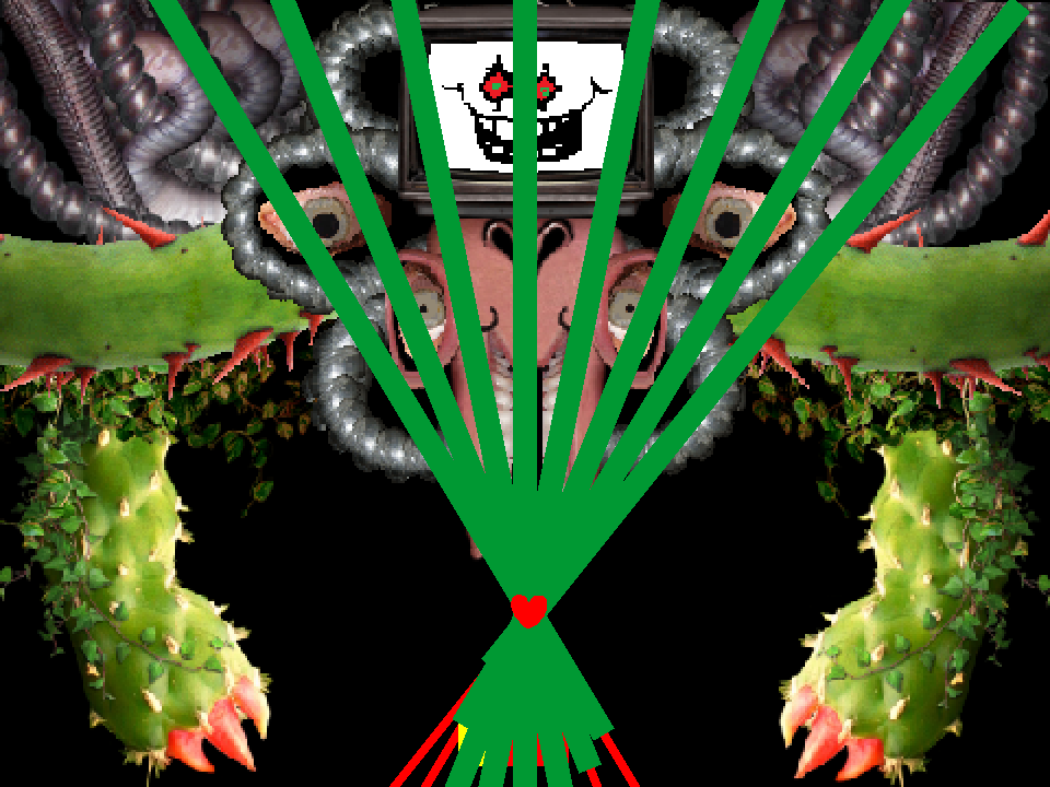 Green pellet rays from Omega Flowey meeting at the heart.
