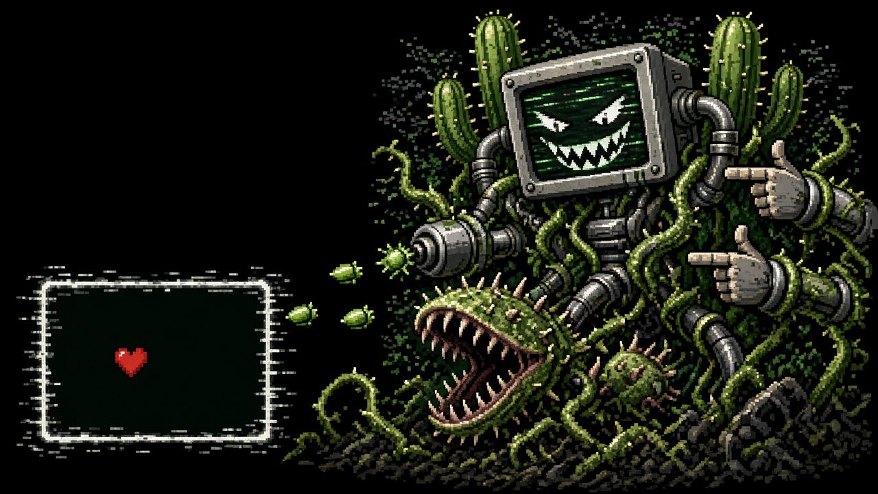 Pixel art of the Omega Flowey boss, a cactus creature with a screen face, beside a battle box and a heart.