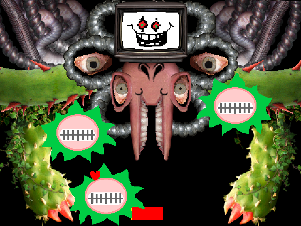Screenshot from pp920921's Omega Flowey fight, showing the television face, eyes, and vines.