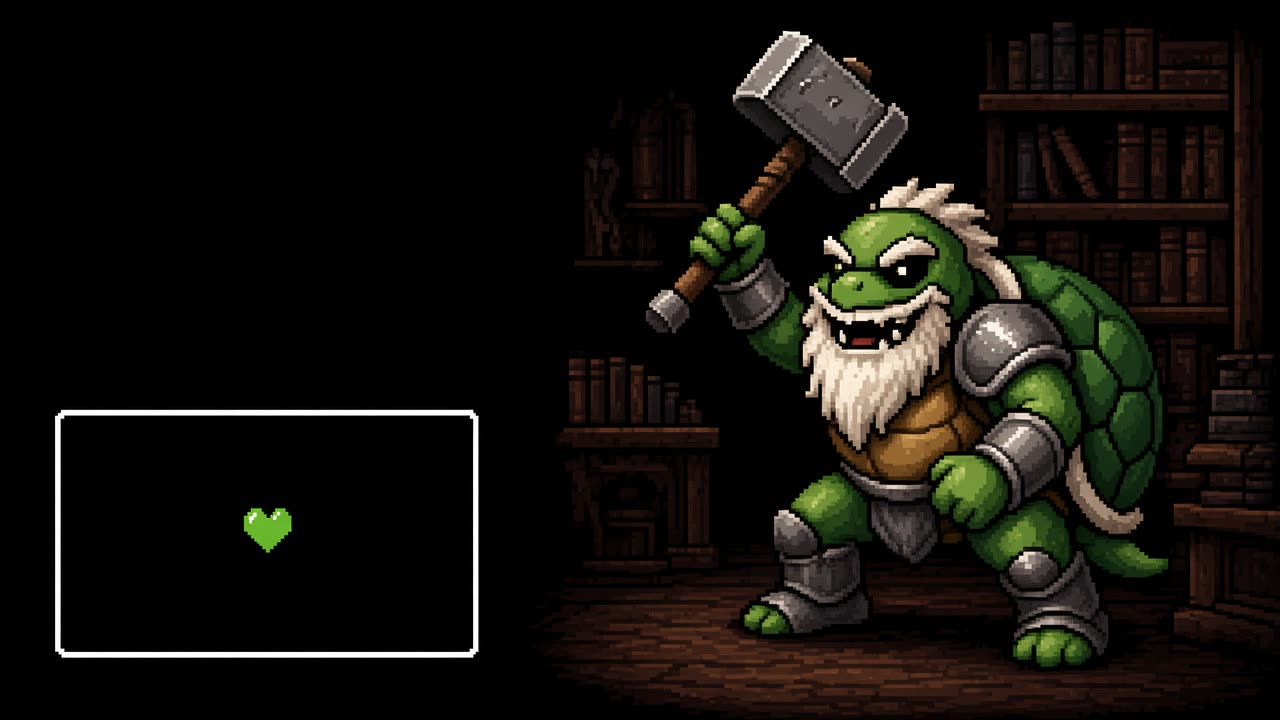 Pixel art of a green turtle warrior raising a hammer beside a battle box with a green heart.