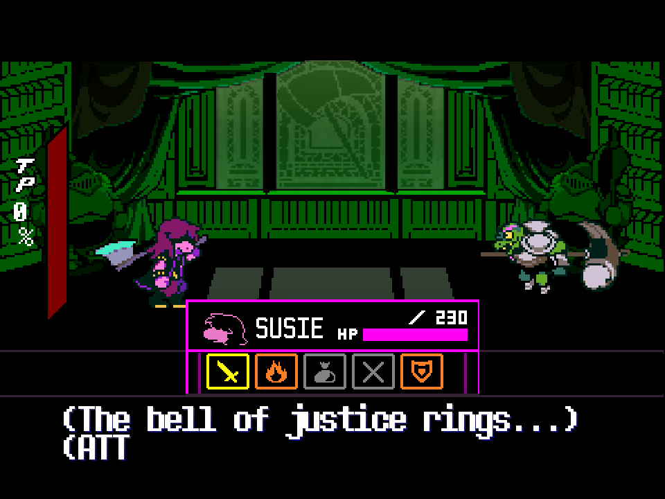 Susie facing Gerson in littlewill565's Hammer of Justice fight, with the TP bar and the line about the bell of justice.