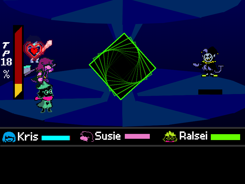 A green diamond of lines closing in during taiseitaisei's Jevil fight, with Kris, Susie, and Ralsei on the left.