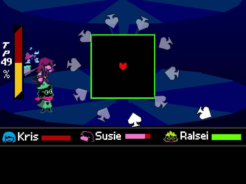 A ring of spades circling outside the green battle box in the Jevil fight.