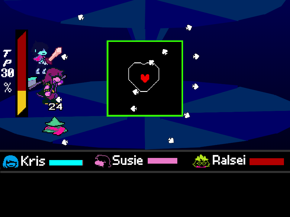 White spade bullets inside the green battle box while the heart dodges in the Jevil fight.