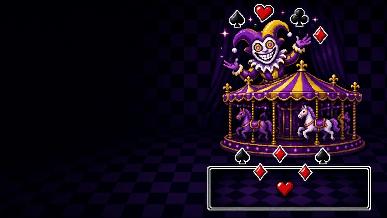 Pixel art of Jevil on a carousel, with playing cards and a heart in a battle box.