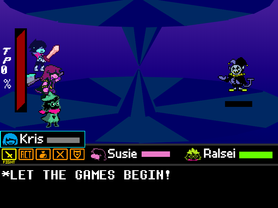Screenshot from taiseitaisei's English Jevil fight, with the party and the line LET THE GAMES BEGIN.