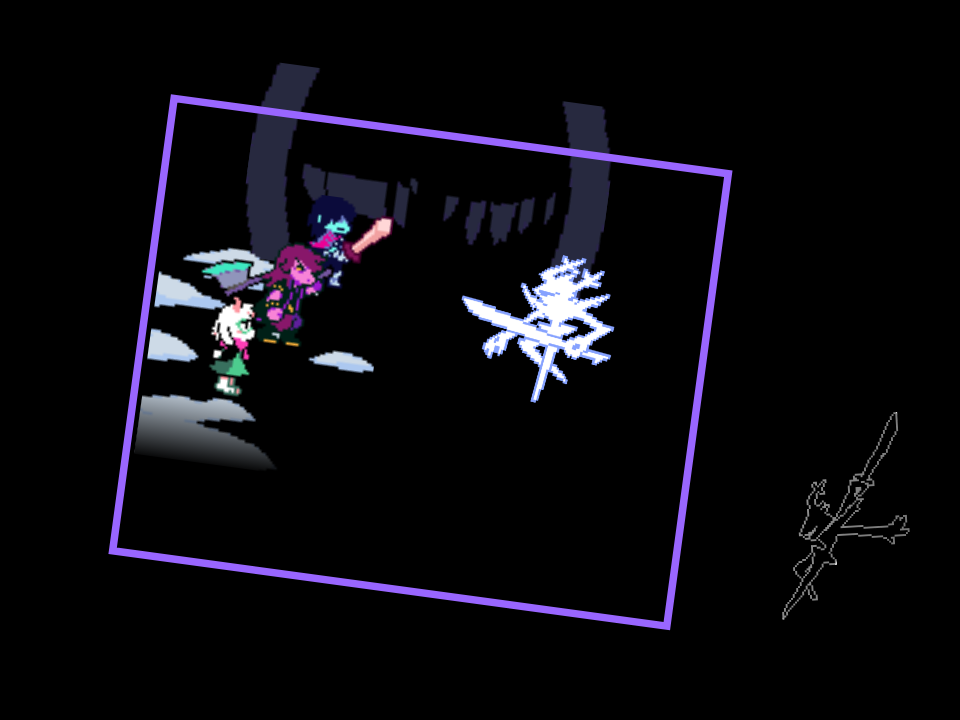 The Roaring Knight over a bullet box, with Kris, Susie, and Ralsei in the command menu of phychosis3's Kaizo Knight fight.