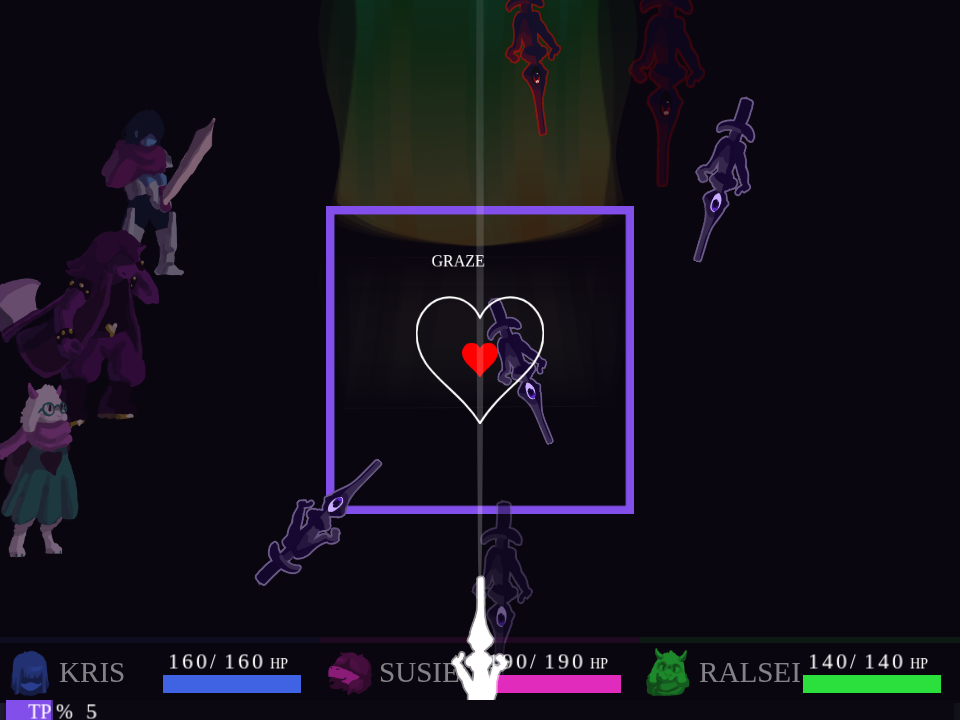 Sword bullets dropping toward the heart in the Roaring Knight battle box.