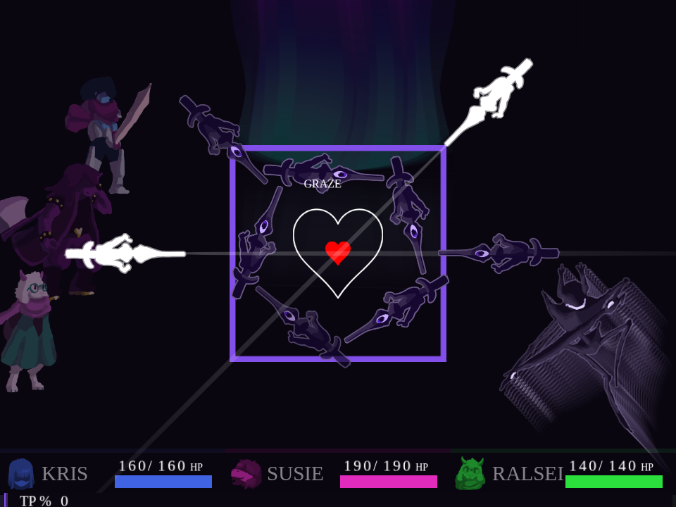 Sword bullets circling the heart inside the purple battle box in Gangstermango's Roaring Knight remake.