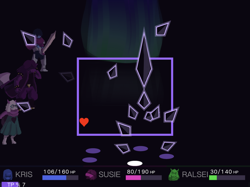 Red heart near the lower-left corner while purple diamonds fill the Knight battle box.