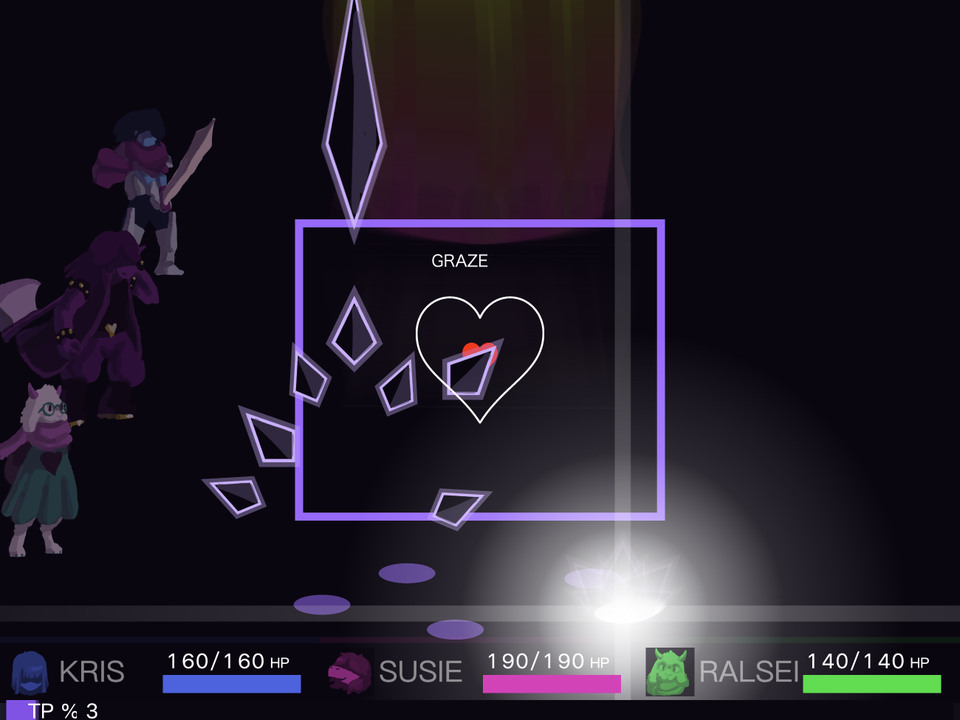 The red heart faces purple diamonds during the opening Knight attack, with a GRAZE indicator visible.