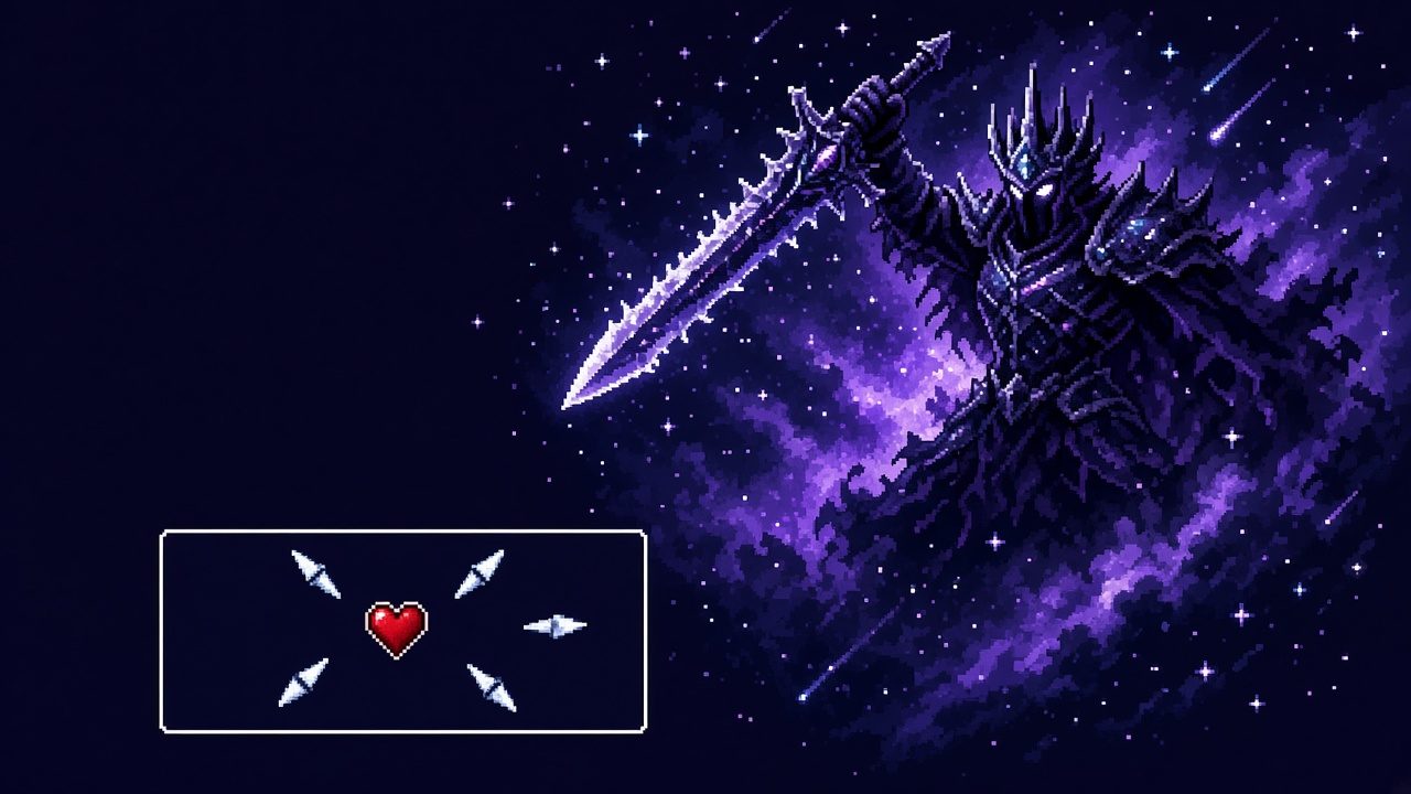 Pixel art of the Roaring Knight raising a glowing sword beside a battle box with a heart.