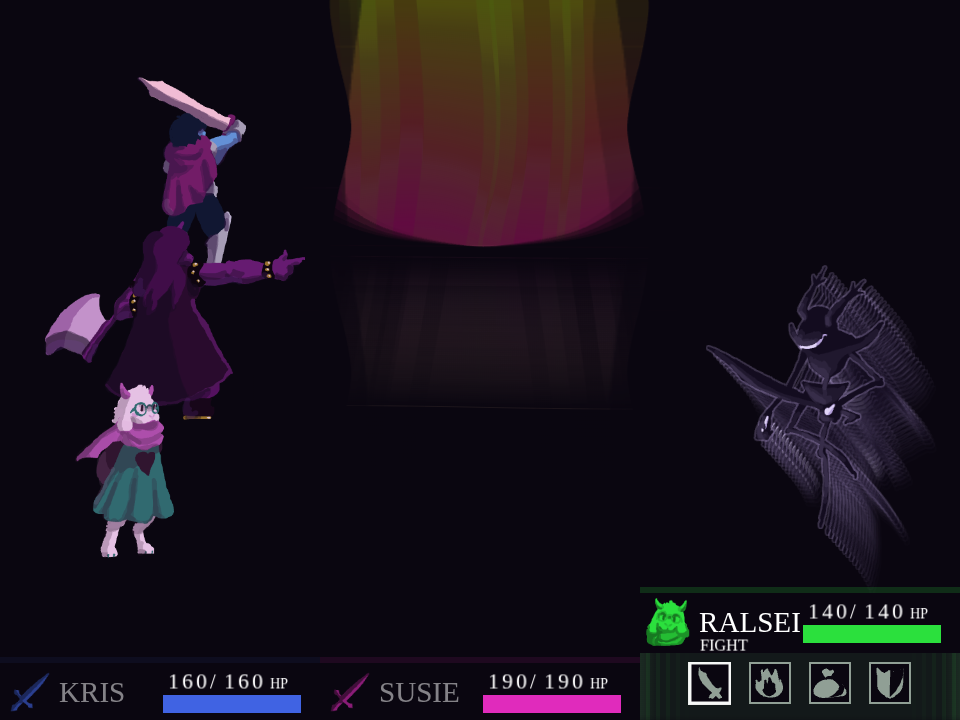 Screenshot from Gangstermango's Roaring Knight remake, with the party facing the Knight.