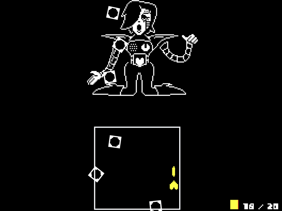 Falling hollow boxes around the yellow heart during a Mettaton practice start.