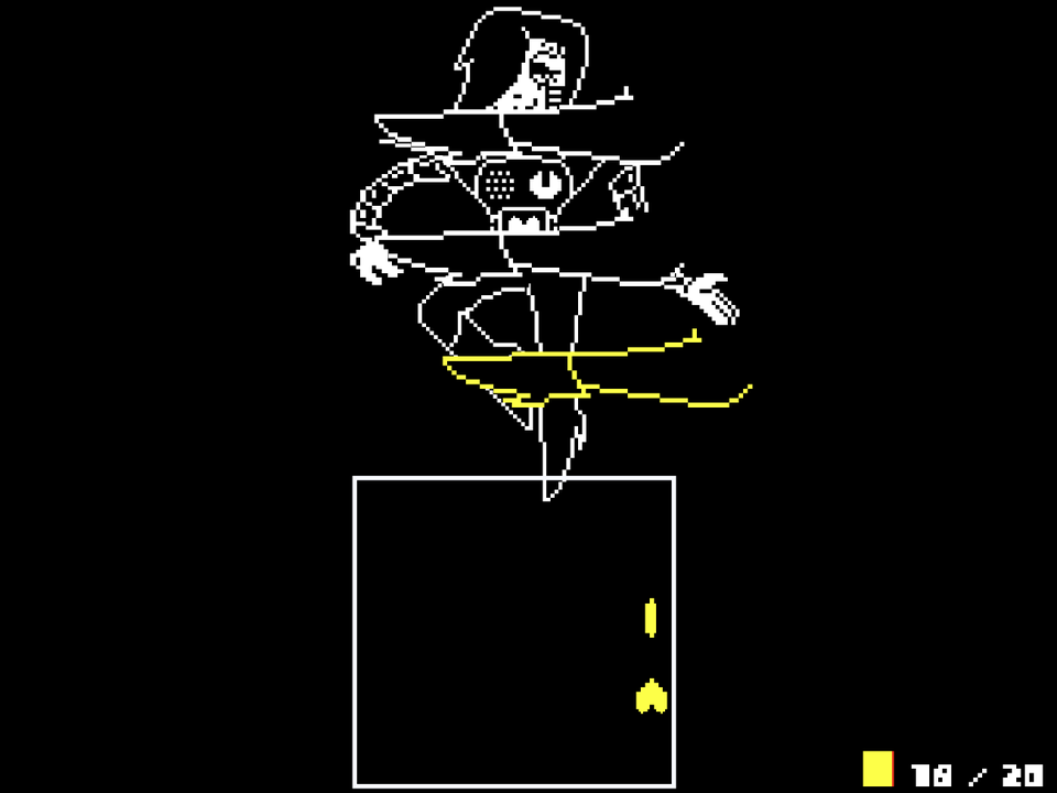 Yellow heart and an upward yellow shot beneath Mettaton's opening leg attack.