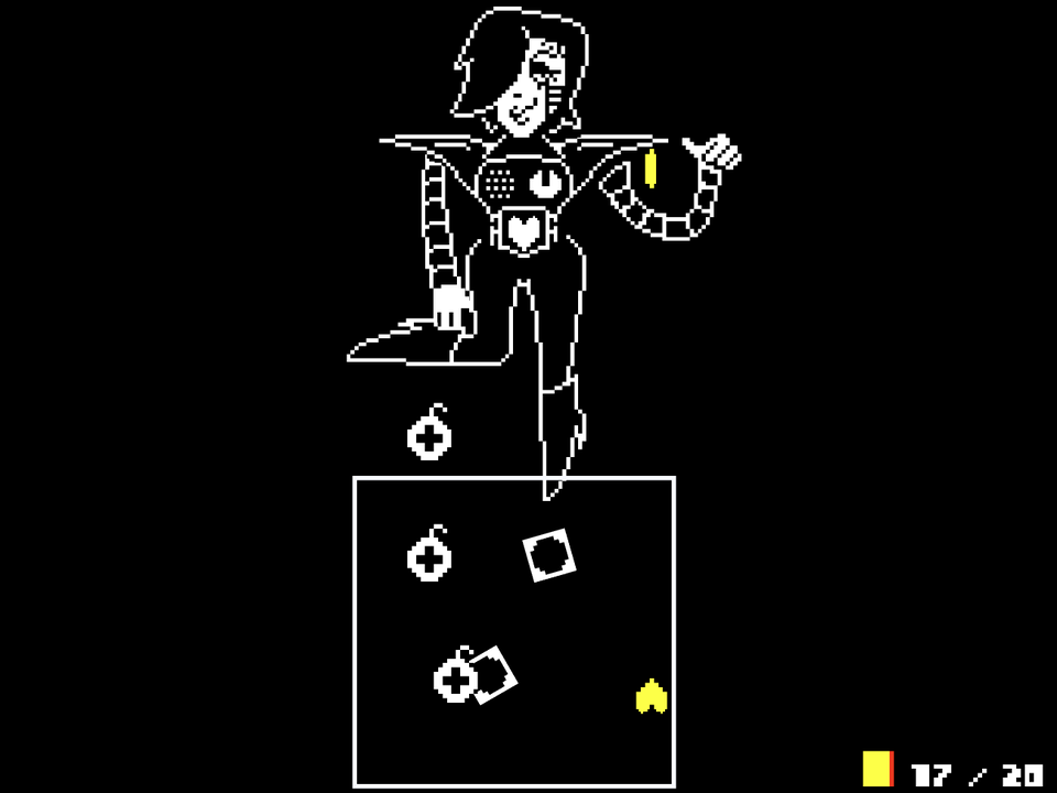 Bombs and rotating square boxes sharing the battle box with the yellow heart.