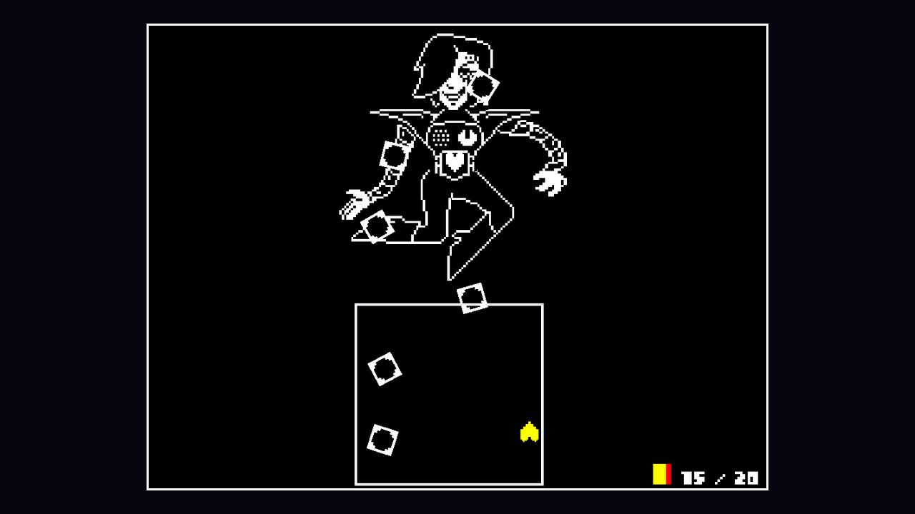 Mettaton EX in a high kick above the battle box and a yellow heart in eekeekturtle's Mettaton EX fight.