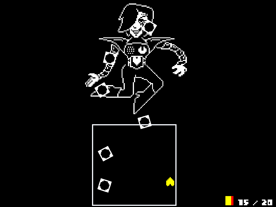 Mettaton EX posing above a square battle box while white boxes fall toward the yellow heart, HP 15 of 20 in the corner.