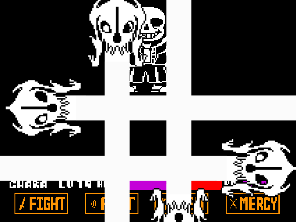 White blasters firing across the screen around Sans during the fight, with the menu buttons still along the bottom.