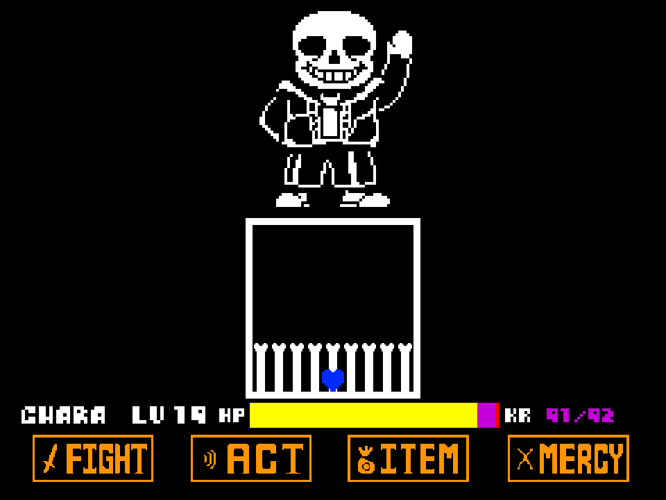 A blue heart standing on a row of bones at the bottom of the battle box while Sans waves.
