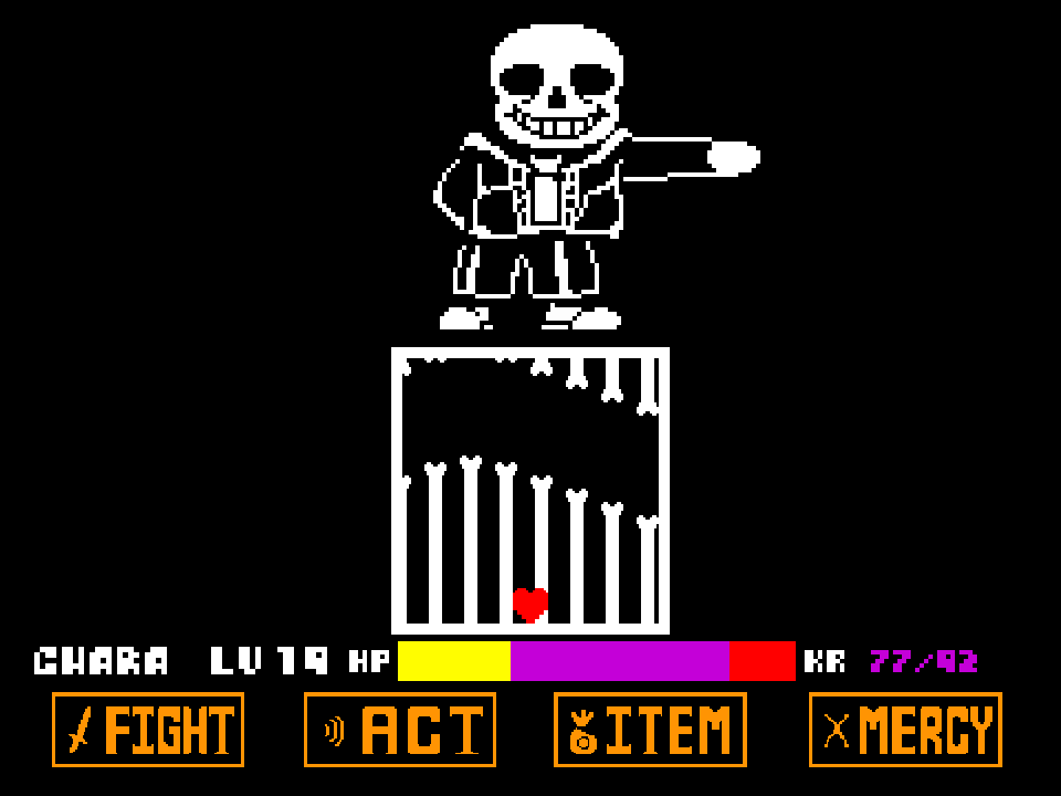 A red heart low in the battle box while bones rise from the floor and drop from the top, with Sans pointing above the box.