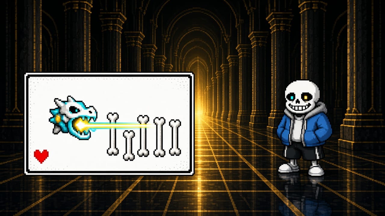 Pixel art of Sans standing in a dark hall, one eye lit blue, above a battle box and a red heart.