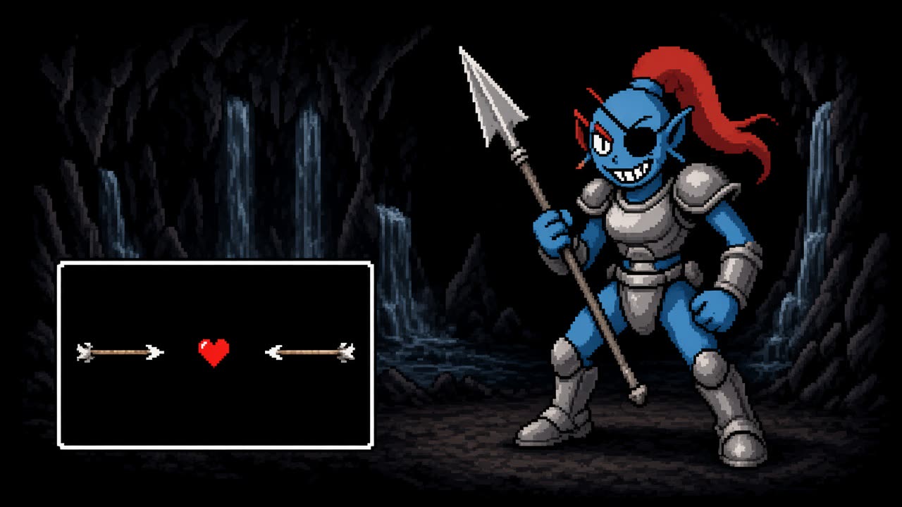 Pixel art of a blue armored spear fighter with a red ponytail beside a battle box and a red heart.