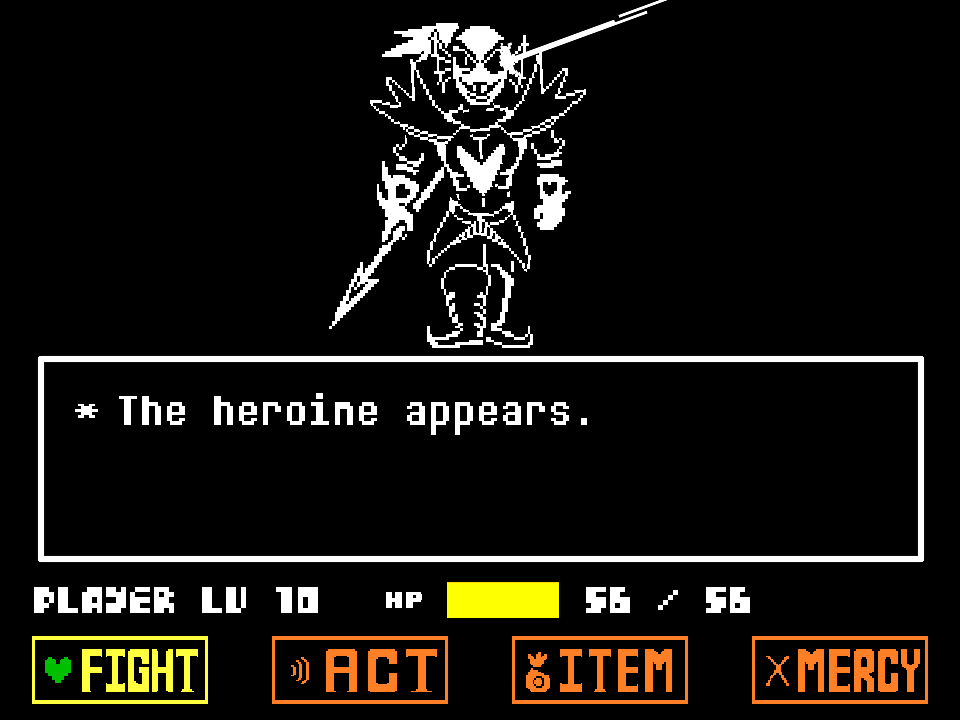 The heroine appears in tripoid's Undyne the Undying fight, with Fight, Act, Item, and Mercy along the bottom.