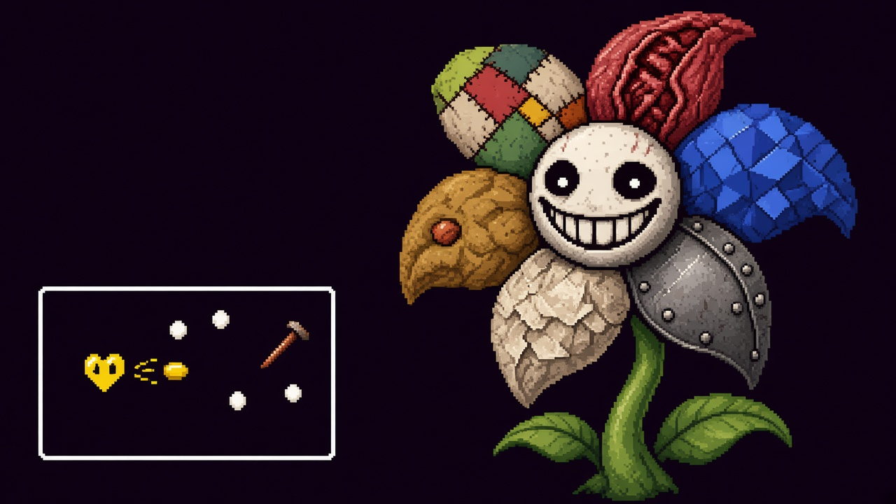 Pixel art of a six-petal Meta Flowey beside a battle box with a yellow heart.